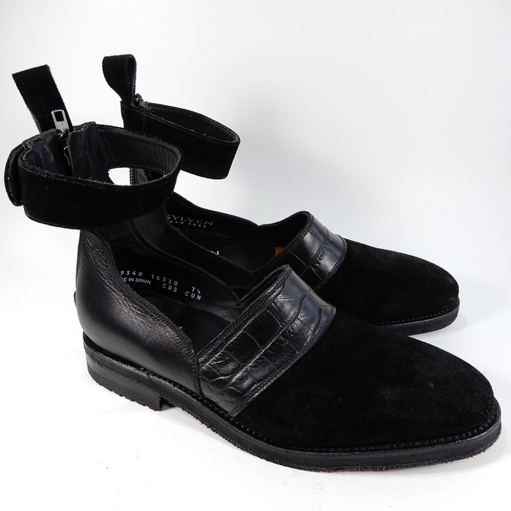 SYLVEN New York Lennox Croc Embossed Ankle Strap SHOES Size 7.5 Black Leather NE - Picture 9 of 10